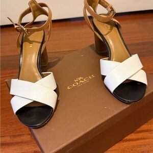 Coach Two-Tone White and Tan Leather Block Heel Sandals